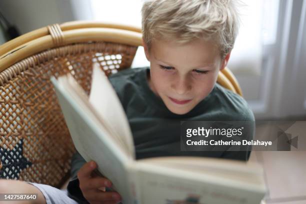a 8 year old boy reading a book on a wicker chair - 10 year fotografías e imágenes de stock