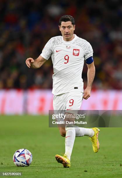 Robert Lewandowski of Poland controls the ball during the UEFA Nations League League A Group 4 match between Wales and Poland at Cardiff City Stadium...