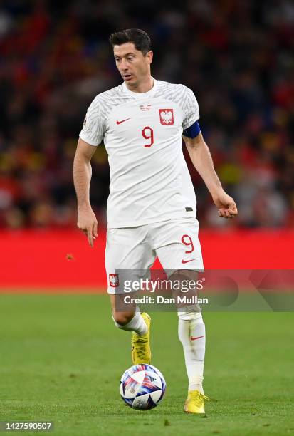 Robert Lewandowski of Poland controls the ball during the UEFA Nations League League A Group 4 match between Wales and Poland at Cardiff City Stadium...
