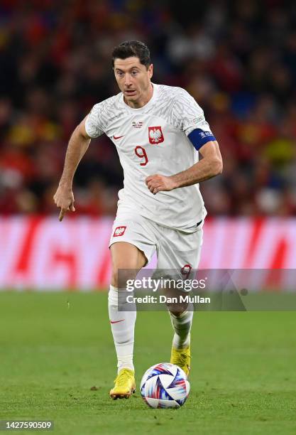 Robert Lewandowski of Poland controls the ball during the UEFA Nations League League A Group 4 match between Wales and Poland at Cardiff City Stadium...