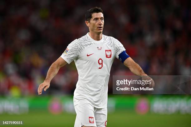 Robert Lewandowski of Poland looks on during the UEFA Nations League League A Group 4 match between Wales and Poland at Cardiff City Stadium on...