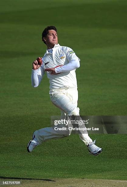 Jon Lewis of Surrey in action during the LV County Championship Division One match between Middlesex and Surrey at Lord's Cricket Ground on April 12,...