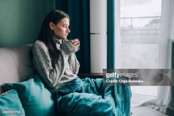 no central heating, cold apartment. young brunette woman drink hot tea, look out the window, wrapped in a blanket in cold apartment - flu season stock pictures, royalty-free photos & images