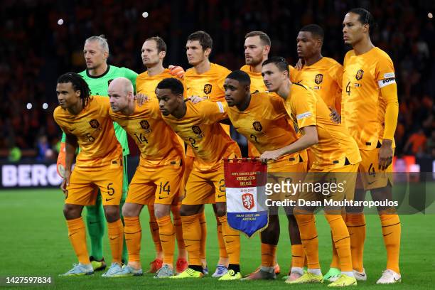The team of Netherlands line up during the UEFA Nations League League A Group 4 match between Netherlands and Belgium at Johan Cruijff ArenAon...