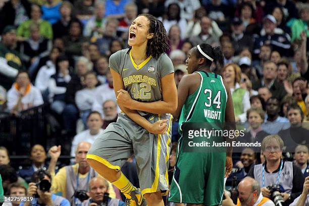 Brittney Griner of the Baylor Bears celebrates late in the second half against the Notre Dame Fighting Irish during the National Final game of the...
