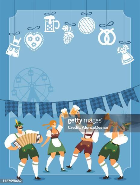 bierfest-etiketten. bierfest poster. menschen tanzen und feiern. bierparty. bierfest. - tradition stock-grafiken, -clipart, -cartoons und -symbole