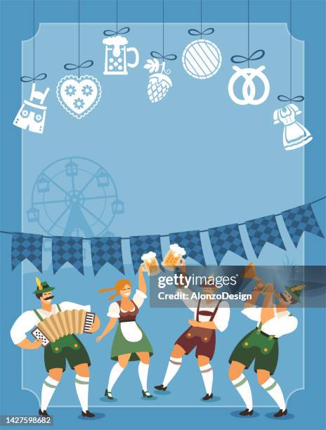 illustrations, cliparts, dessins animés et icônes de étiquettes beer fest. affiche du beer fest. les gens dansent et célèbrent. fête de la bière. fête de la bière. - vêtement traditionnel