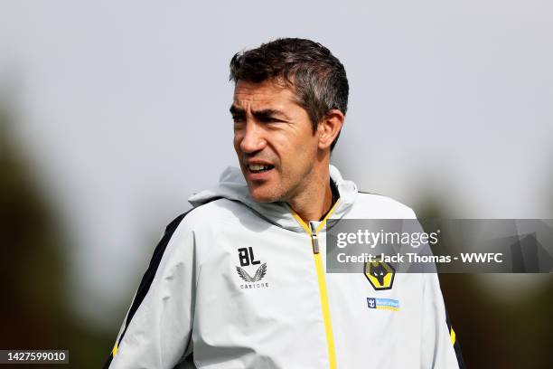 Bruno Lage, Manager of Wolverhampton Wanderers looks on during a Wolverhampton Wanderers training session at The Sir Jack Hayward Training Ground on...