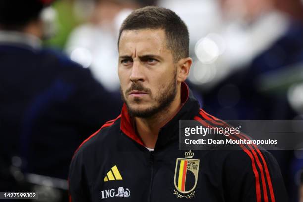 Eden Hazard of Belgium stands for the national anthem prior to the UEFA Nations League League A Group 4 match between Netherlands and Belgium at...
