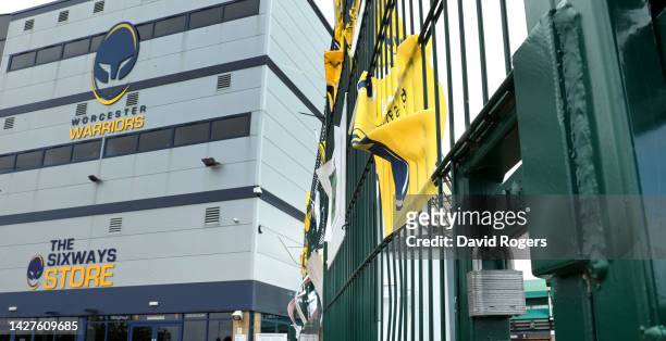 The gates are padlocked, at the Sixways Stadium, home of Worcester Warriors, on September 26, 2022 in Worcester, England.
