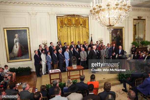 President Joe Biden speaks during an event with the 2021 World Series champions Atlanta Braves at the White House on September 26, 2022 in...