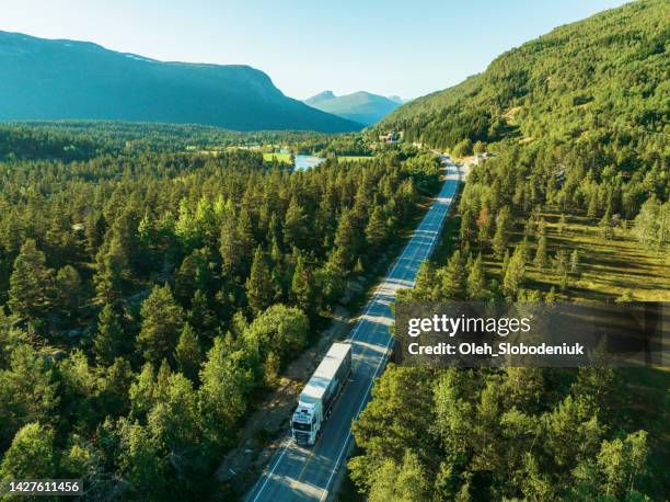scenic aerial view of truck on the road through norwegian highlands - freight truck stock pictures, royalty-free photos & images