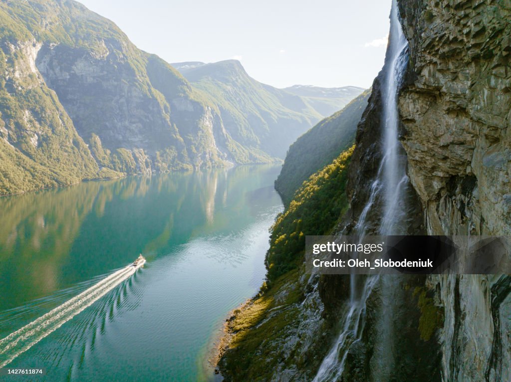 Aerial view of cruise ship near Seven sisters waterfall