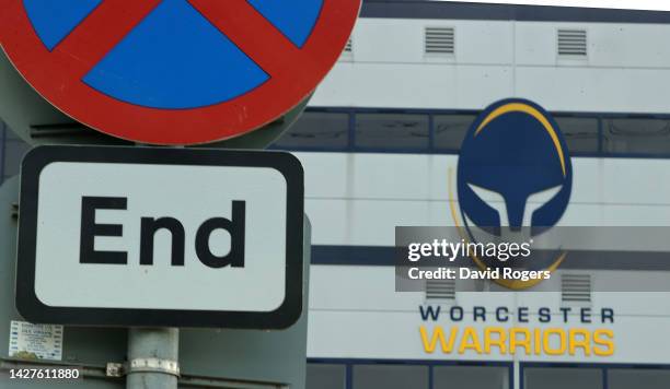 General view of a road sign outside the Sixways Stadium, home of Worcester Warriors, on September 26, 2022 in Worcester, England.