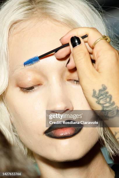 Model is see during the make up backstage at the Annakiki Fashion Show during the Milan Fashion Week Womenswear Spring/Summer 2023 on September 25,...