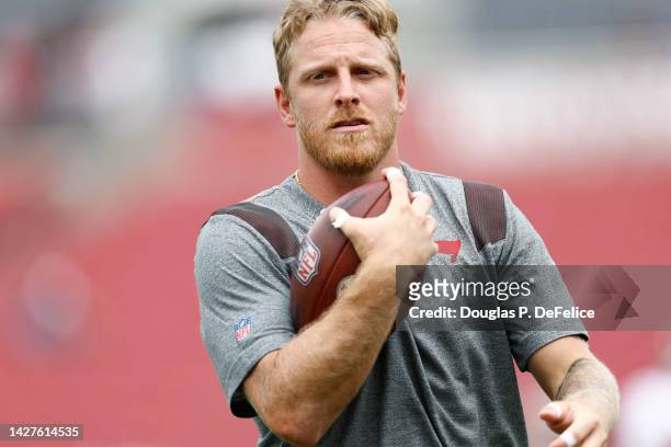 Cole Beasley of the Tampa Bay Buccaneers warms up prior to the game against the Green Bay Packers at Raymond James Stadium on September 25, 2022 in...