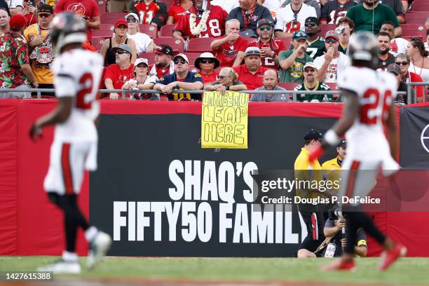 General view of a fan holding a sign in the endzone during the second quarter of the game between the Tampa Bay Buccaneers and the Green Bay Packers...