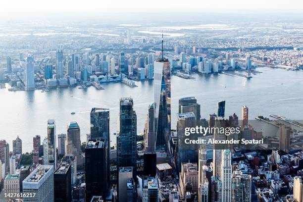 aerial view of manhattan skyline seen from helicopter, new york city, usa - world trade center manhattan imagens e fotografias de stock