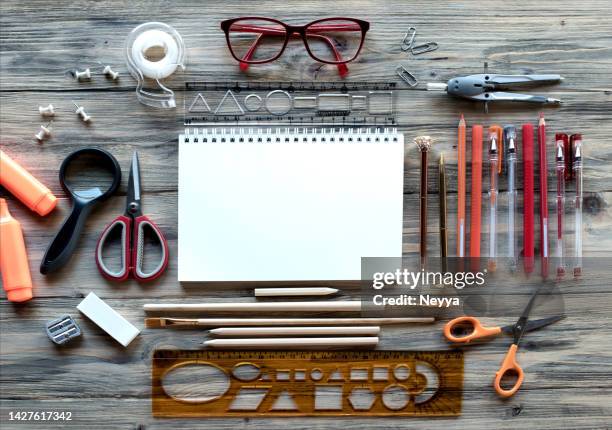 office or school supplies on wooden rustic background - knolling concept stock pictures, royalty-free photos & images