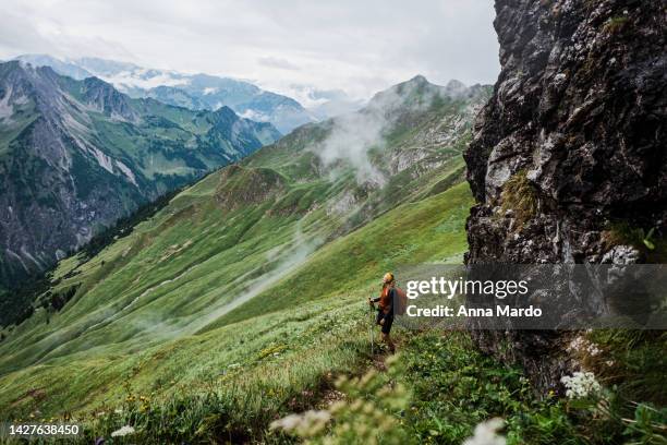 women hiking looking into the distance during a rainy day - alpes do allgäu imagens e fotografias de stock