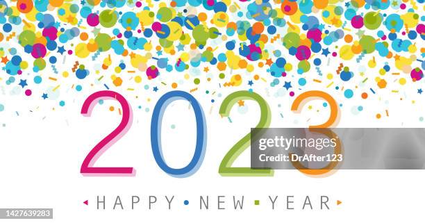 vibrant confetti 2023 greeting on white background - happy new year background stock illustrations