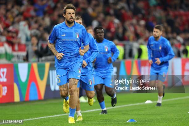 Francesco Acerbi of Italy warms up prior to the UEFA Nations League League A Group 3 match between Hungary and Italy at Puskas Arena on September 26,...