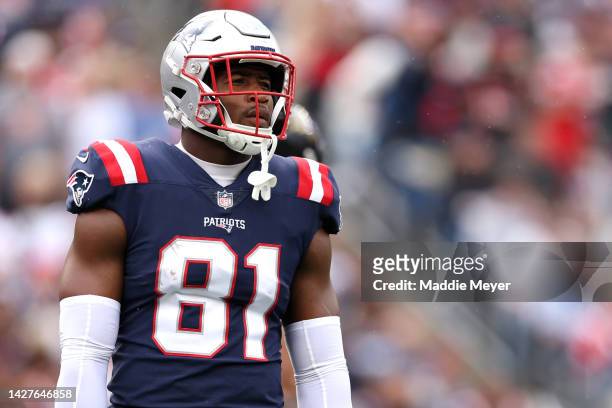 Jonnu Smith of the New England Patriots looks on during the game against the Baltimore Ravens at Gillette Stadium on September 25, 2022 in...