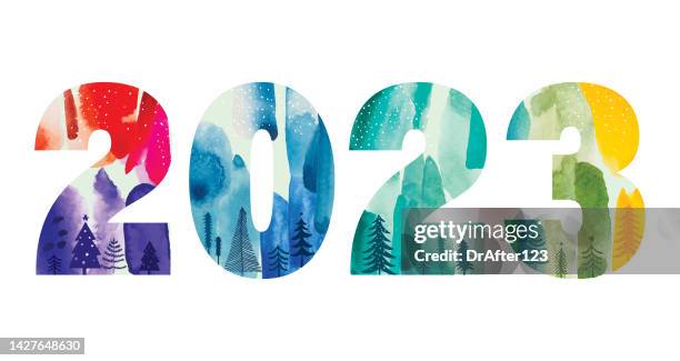 2023 happy new year water color decorated numbers - bonne année stock illustrations