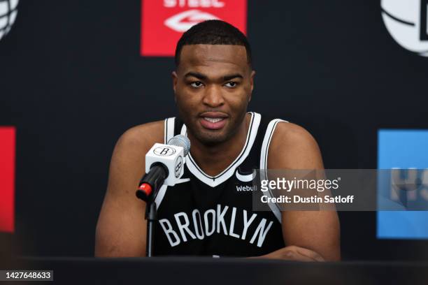 Warren of the Brooklyn Nets speaks at the podium during a press conference at Brooklyn Nets Media Day at HSS Training Center on September 26, 2022 in...