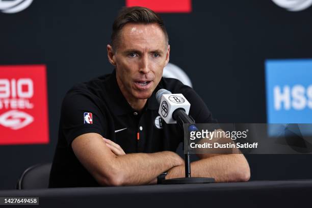 Head Coach Steve Nash of the Brooklyn Nets speaks at the podium during a press conference at Brooklyn Nets Media Day at HSS Training Center on...