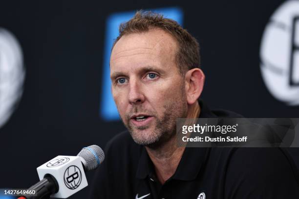 General Manager Sean Marks of the Brooklyn Nets speaks at the podium during a press conference at Brooklyn Nets Media Day at HSS Training Center on...