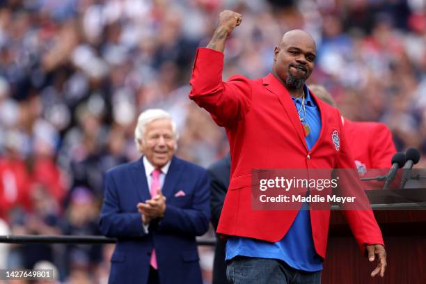 Former New England Patriots player Vince Wilfork celebrates during his Patriots Hall of Fame induction ceremony at Gillette Stadium on September 25,...