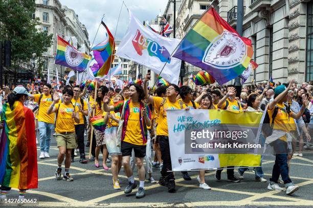 Members of the Hong Kong community take part in the Pride in London parade on 1 July 2023 in London, United Kingdom. Over a million people watched...