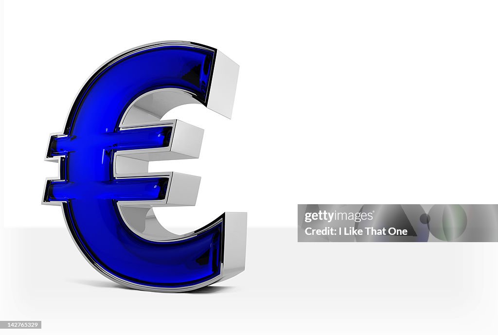 Metal and blue glass Euro symbol, on white backgro