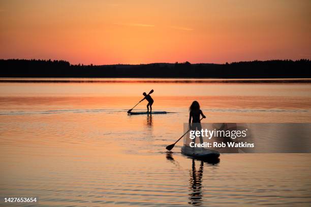 paddle boarding  teenagers  summerhouse lake sunset nordic - finland summer stock pictures, royalty-free photos & images