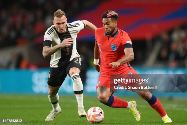 Reece James of England on the ball whilst under pressure from David Raum of Germany during the UEFA Nations League League A Group 3 match between...