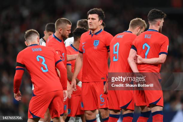 Harry Maguire of England prepares to defend a free kick during the UEFA Nations League League A Group 3 match between England and Germany at Wembley...