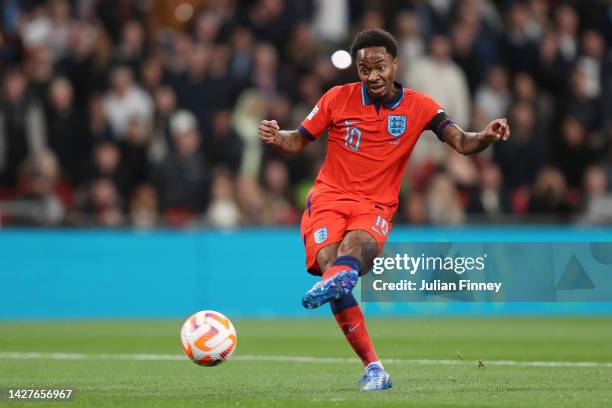 Raheem Sterling of England shoots during the UEFA Nations League League A Group 3 match between England and Germany at Wembley Stadium on September...