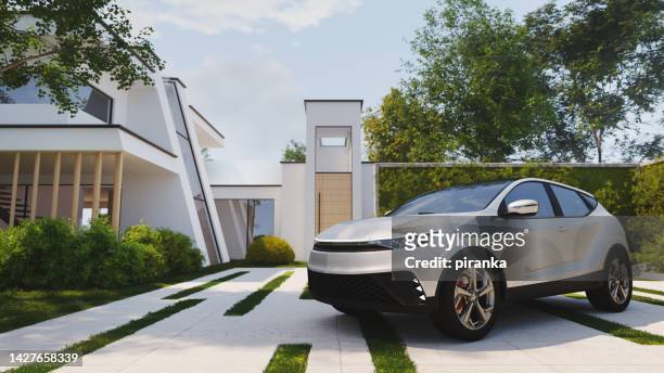 モダンな家の前の車 - ドライブウェイ ストックフォトと画像