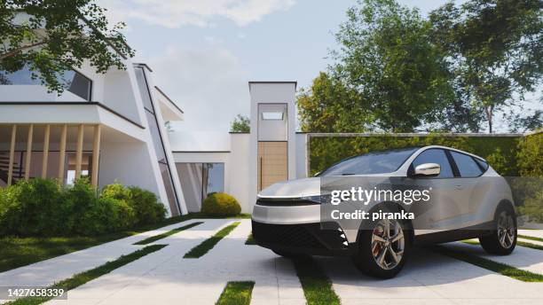 car in front of a modern house - sports utility vehicle stock pictures, royalty-free photos & images
