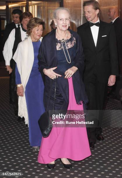 Queen Sonja of Norway and Queen Margrethe of Denmark arrive at Grand Hotel as Queen Margrethe of Denmark receives the Nordic Association's Language...