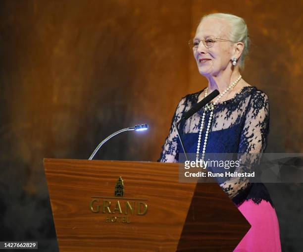 Queen Margrethe of Denmark speaks as the recipient of this year's Nordic Association's Language Award on September 26, 2022 in Oslo, Norway.