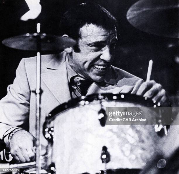 Circa 1975: Photo of American jazz drummer Buddy Rich performing live on stage circa 1975.