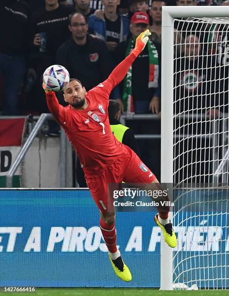 Gianluigi Donnarumma of Italy in action during the UEFA Nations League League A Group 3 match between Hungary and Italy at Puskas Arena on September...