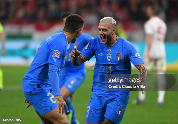 Federico Dimarco of Italy celebrates with team-mates after scoring the goal during the UEFA Nations League League A Group 3 match between Hungary and...