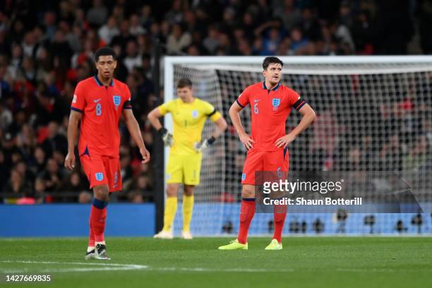 Harry Maguire of England looks dejected after the Germany second goal during the UEFA Nations League League A Group 3 match between England and...