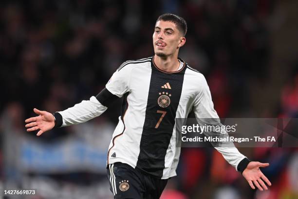 Kai Havertz of Germany celebrates after scoring their side's second goal during the UEFA Nations League League A Group 3 match between England and...