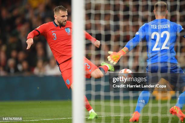 Luke Shaw of England scores his team's first goal during the UEFA Nations League League A Group 3 match between England and Germany at Wembley...