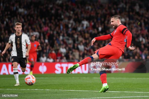 Luke Shaw of England scores their side's first goal during the UEFA Nations League League A Group 3 match between England and Germany at Wembley...