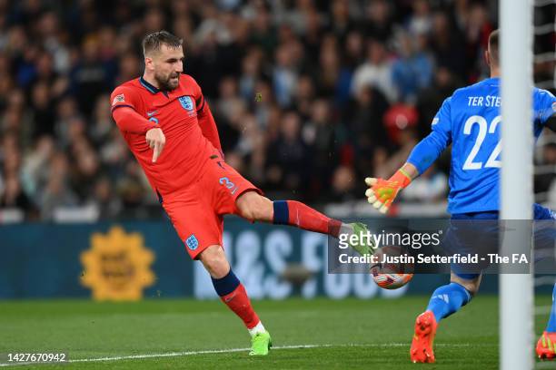 Luke Shaw of England scores their team's first goal past Marc-Andre ter Stegen of Germany during the UEFA Nations League League A Group 3 match...